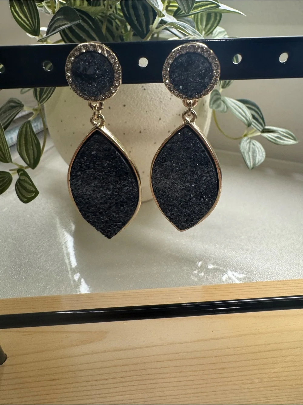 SugarFix Gold-Trim Gray Druzy Marquise Drop Earrings